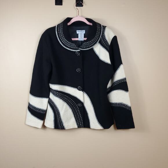 Vintage North Style 100% Wool Black/White Abstract Print Jacket Size M - Picture 1 of 12